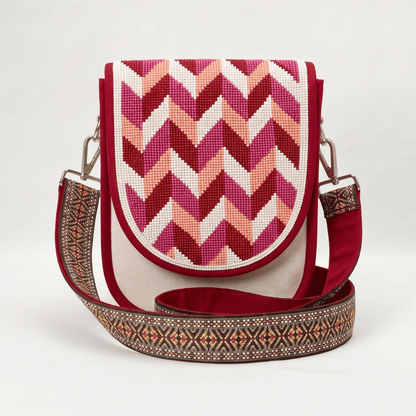 Pink Chevron Hand Beaded Canvas Crossbody Bag – White