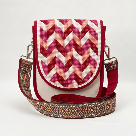 Pink Chevron Hand Beaded Canvas Crossbody Bag – White