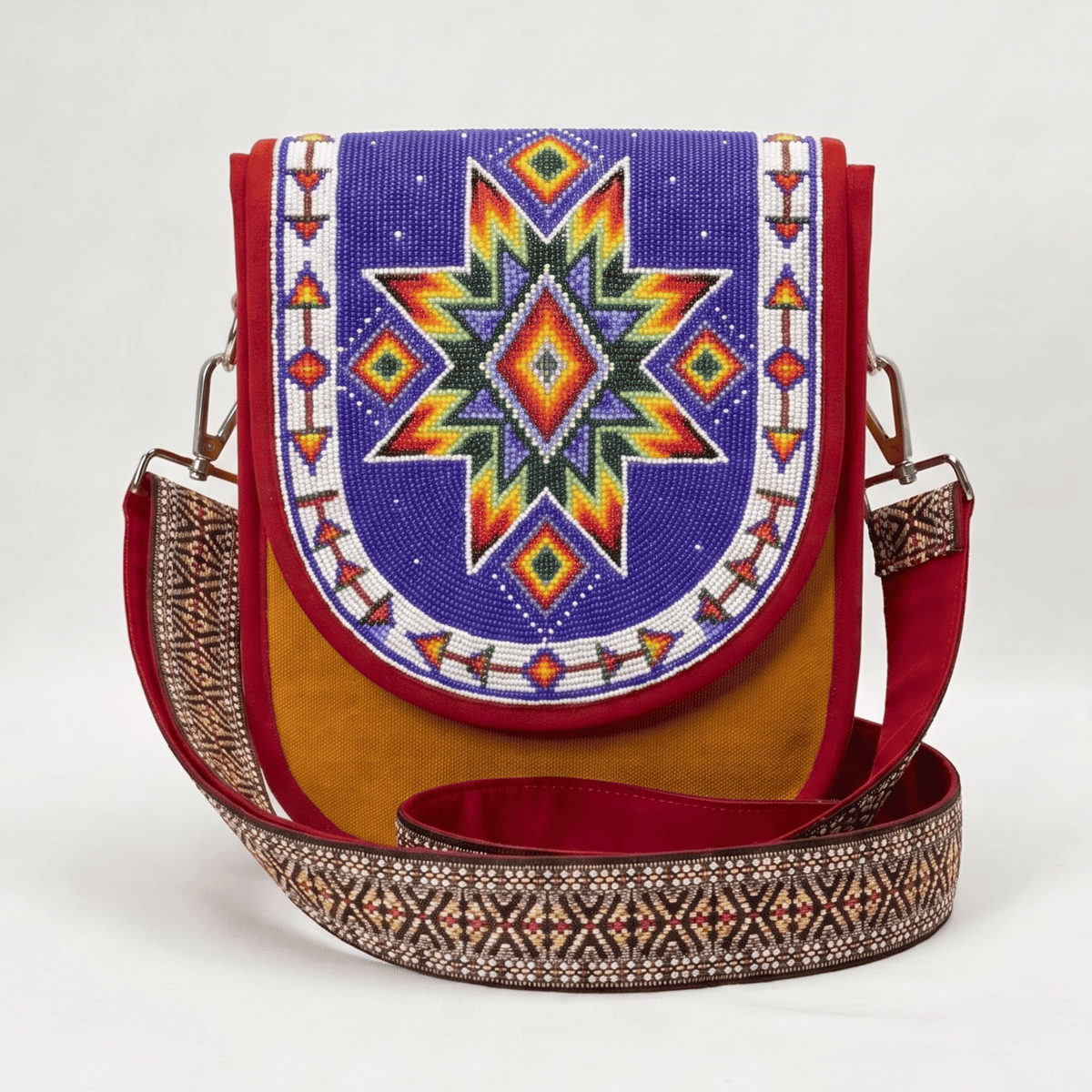 Rainbow Star Hand Beaded Canvas Crossbody Bag – Mustard, Blue Beadwork