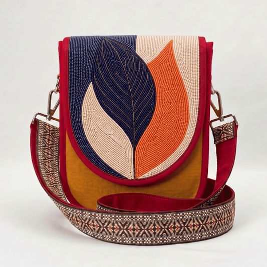 Sculpted Leaf Hand Beaded Canvas Crossbody Bag – Mustard
