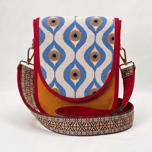 Blue Teardrop Hand Beaded Canvas Crossbody Bag – Mustard