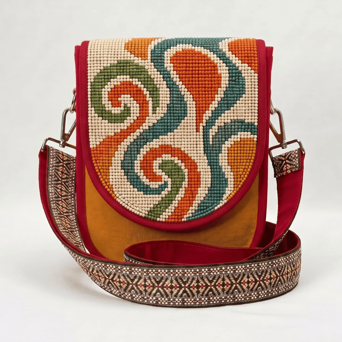 Earthtone Spiral Wave Hand Beaded Canvas Crossbody Bag – Mustard