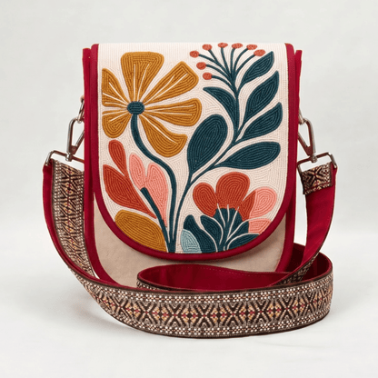 Golden Floral Bouquet Hand Beaded Canvas Crossbody Bag – Cream