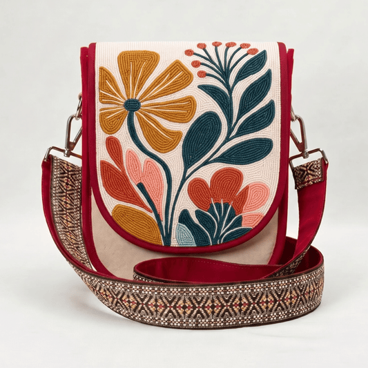 Golden Floral Bouquet Hand Beaded Canvas Crossbody Bag – Cream