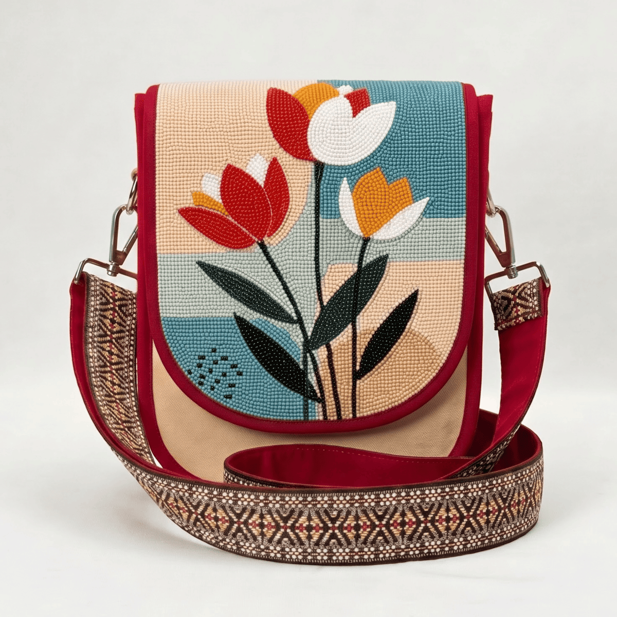 Tulip Garden Hand Beaded Canvas Crossbody Bag – Cream