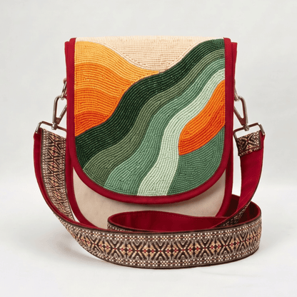 Abstract Landscape Hand Beaded Canvas Crossbody Bag – Mustard