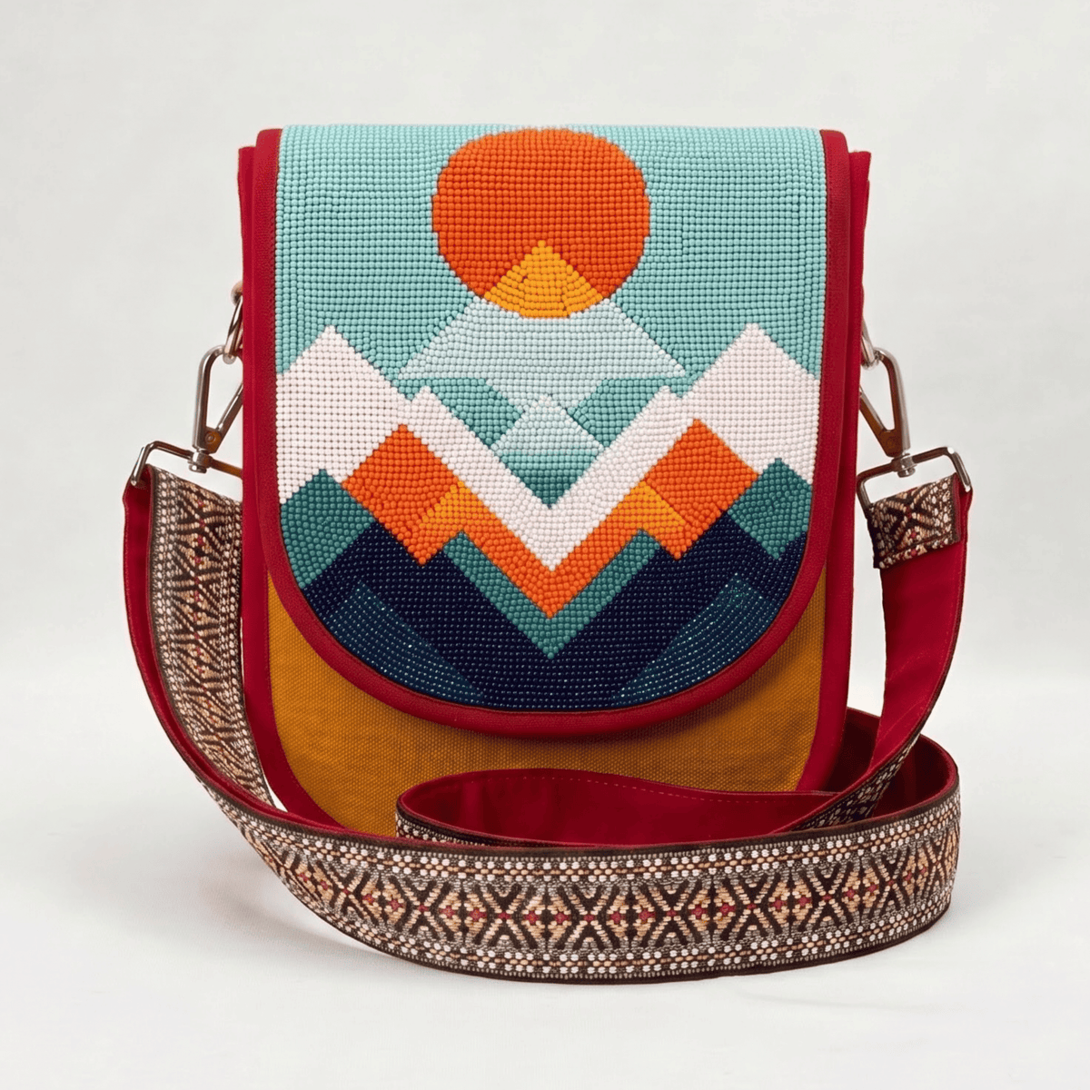 Sunrise Mountain Hand Beaded Canvas Crossbody Bag – Mustard