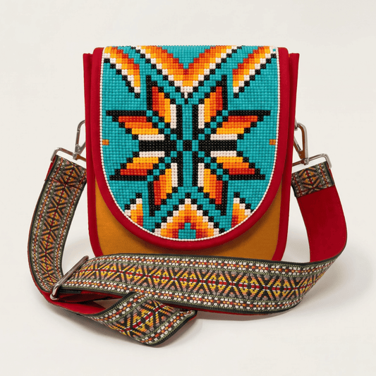 Turquoise Eight-Point Star Hand Beaded Canvas Crossbody Bag
