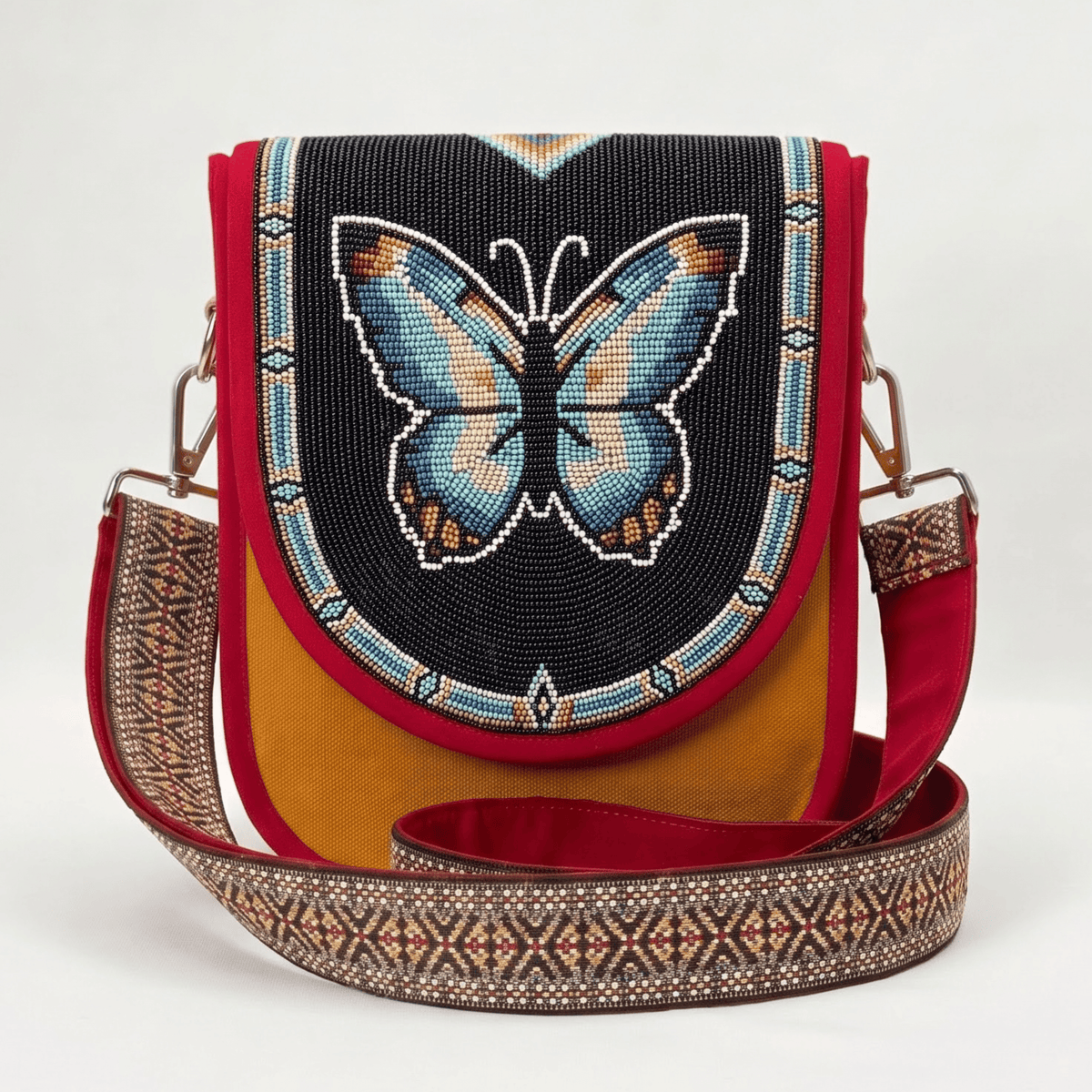 Blue Butterfly Hand Beaded Canvas Crossbody Bag – Mustard