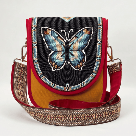Blue Butterfly Hand Beaded Canvas Crossbody Bag – Mustard