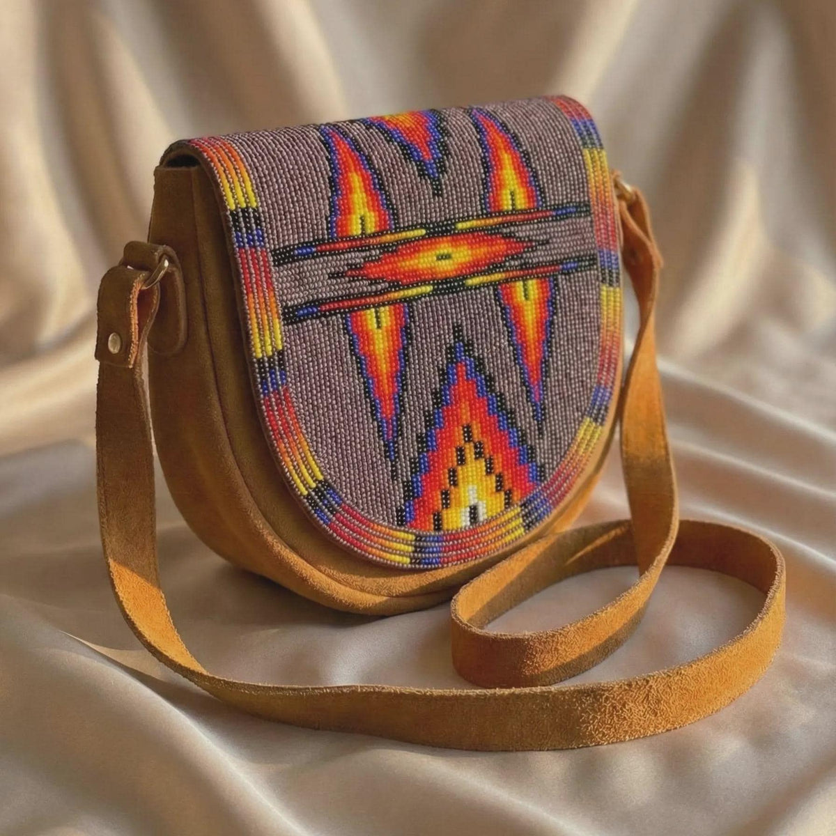 Orange Geometric Beaded Tan Suede Crossbody Bag