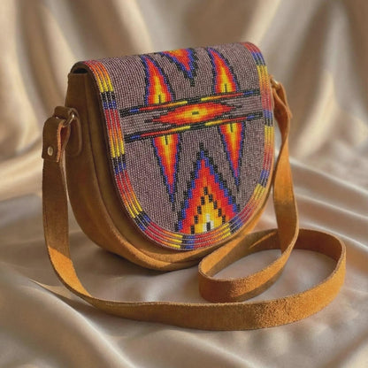 Orange Geometric Beaded Tan Suede Crossbody Bag