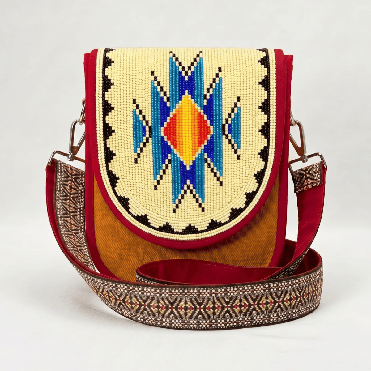 Stepped Diamond Hand Beaded Canvas Crossbody Bag – Mustard