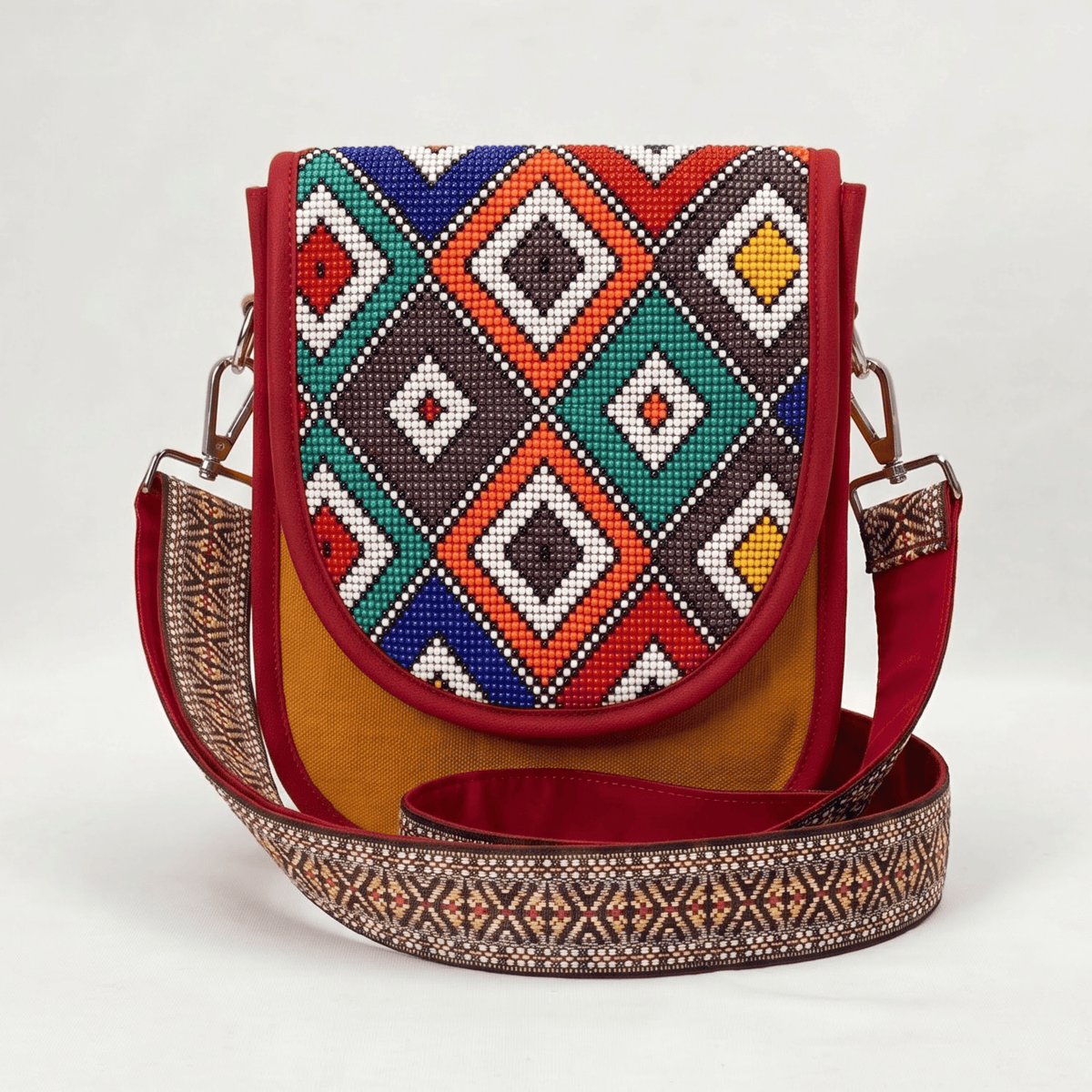 Multicolor Diamond Hand Beaded Canvas Crossbody Bag – Mustard