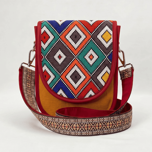 Multicolor Diamond Hand Beaded Canvas Crossbody Bag – Mustard