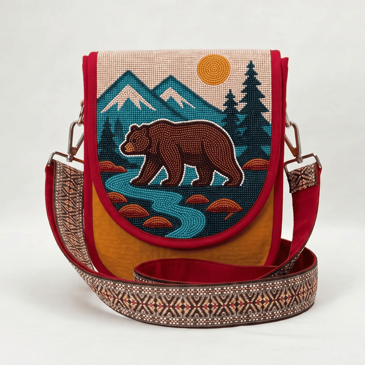 Bear River Scene Hand Beaded Canvas Crossbody Bag