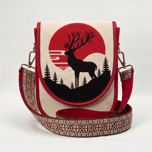 Deer Moon Hand Beaded Canvas Crossbody Bag – Mustard