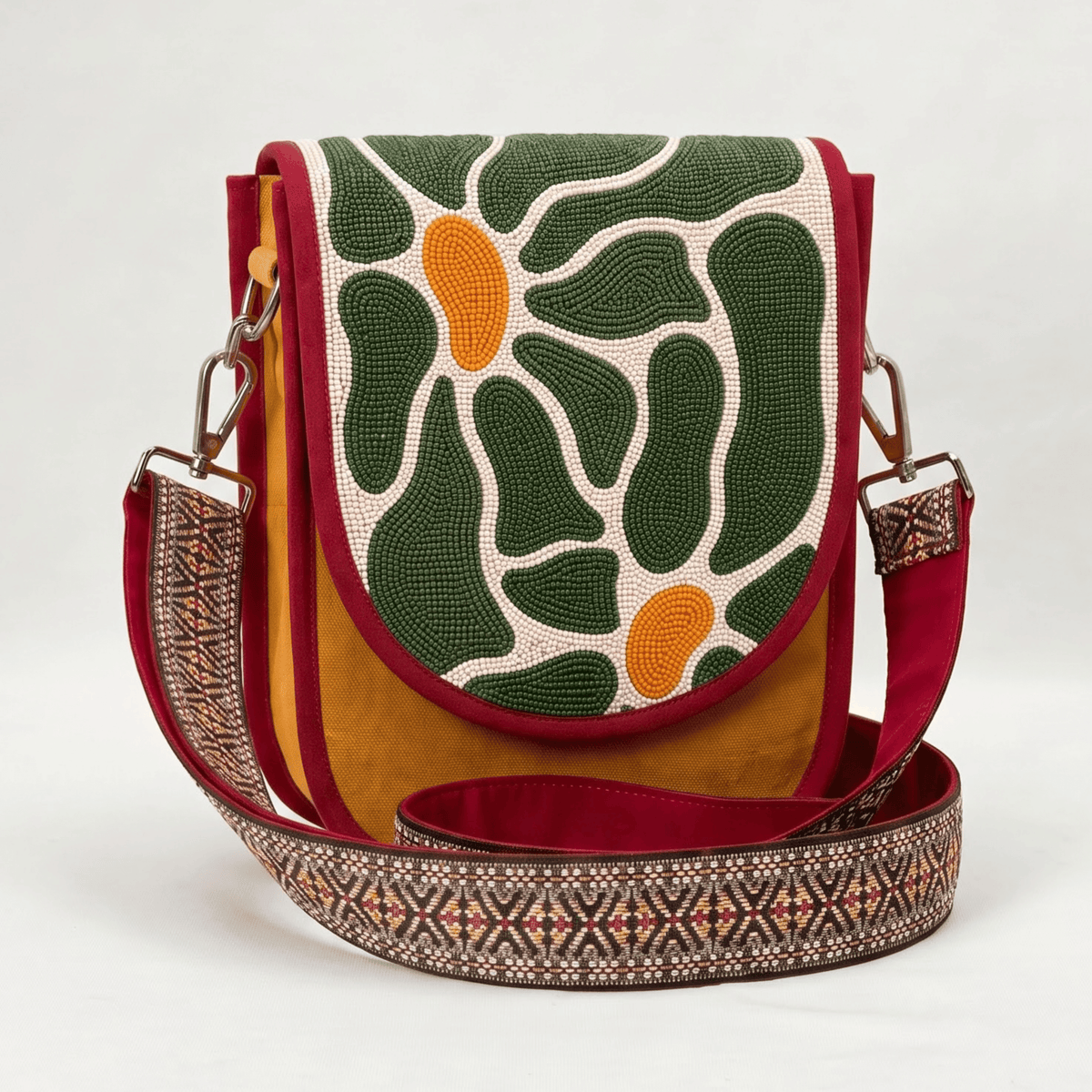Abstract Green Petals Hand Beaded Canvas Crossbody Bag – Mustard