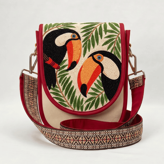 Toucan Pair Hand Beaded Canvas Crossbody Bag – Cream