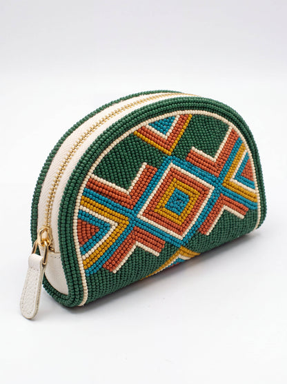 Forest Green Cross Diamond Hand-Beaded Coin Purse