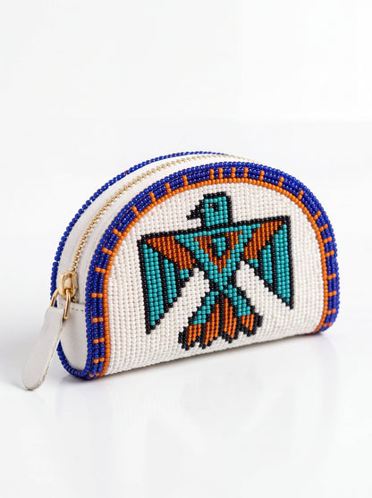 Ivory Teal Thunderbird Hand-Beaded Coin Purse