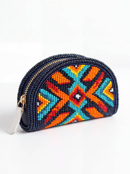 Navy Coral Cross Hand-Beaded Coin Purse