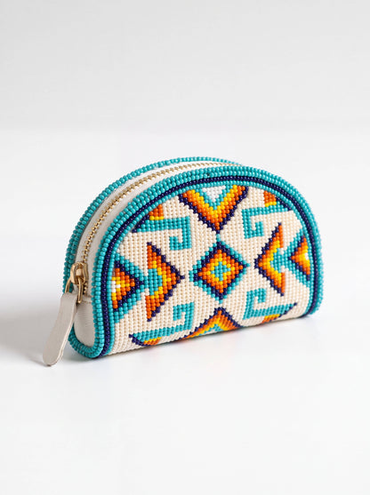 Turquoise Ivory Cross Hand-Beaded Coin Purse