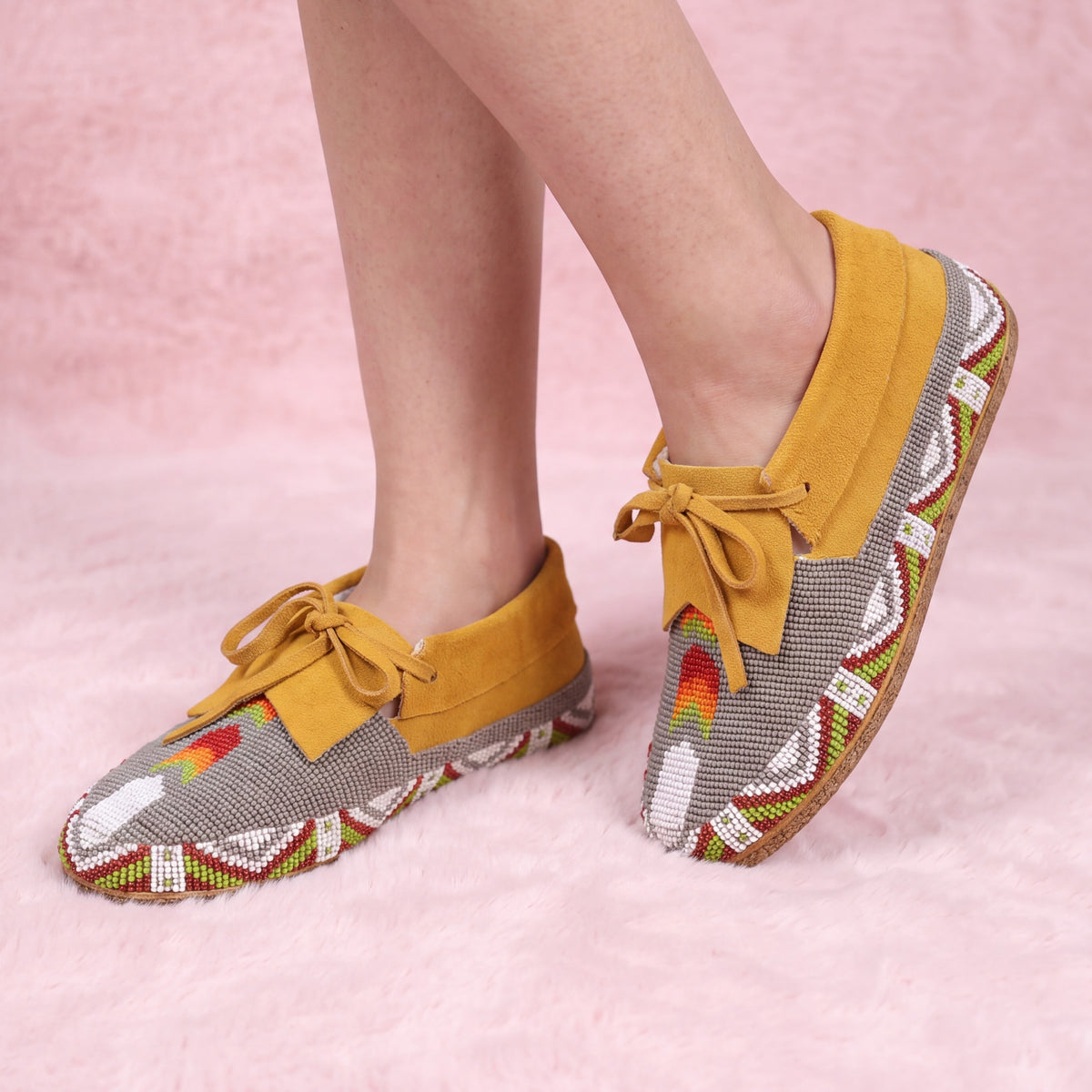 Gray Hand-Beaded Lace-Up Moccasins For Women