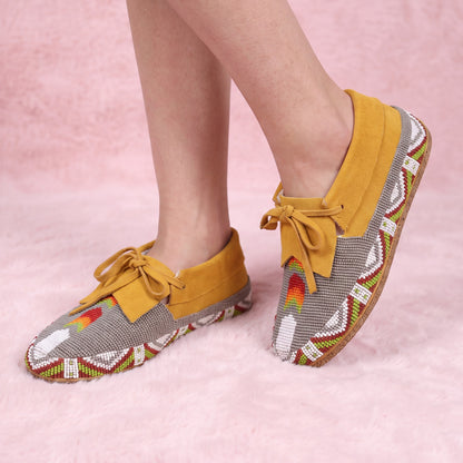 Gray Hand-Beaded Lace-Up Moccasins For Women