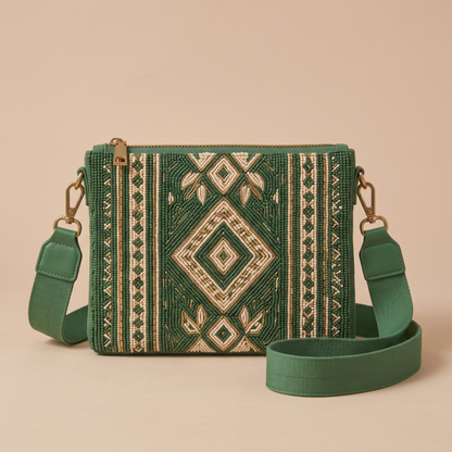 Green geometric hand-beaded crossbody bag front view