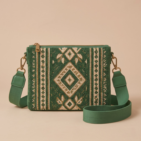 Green geometric hand-beaded crossbody bag front view