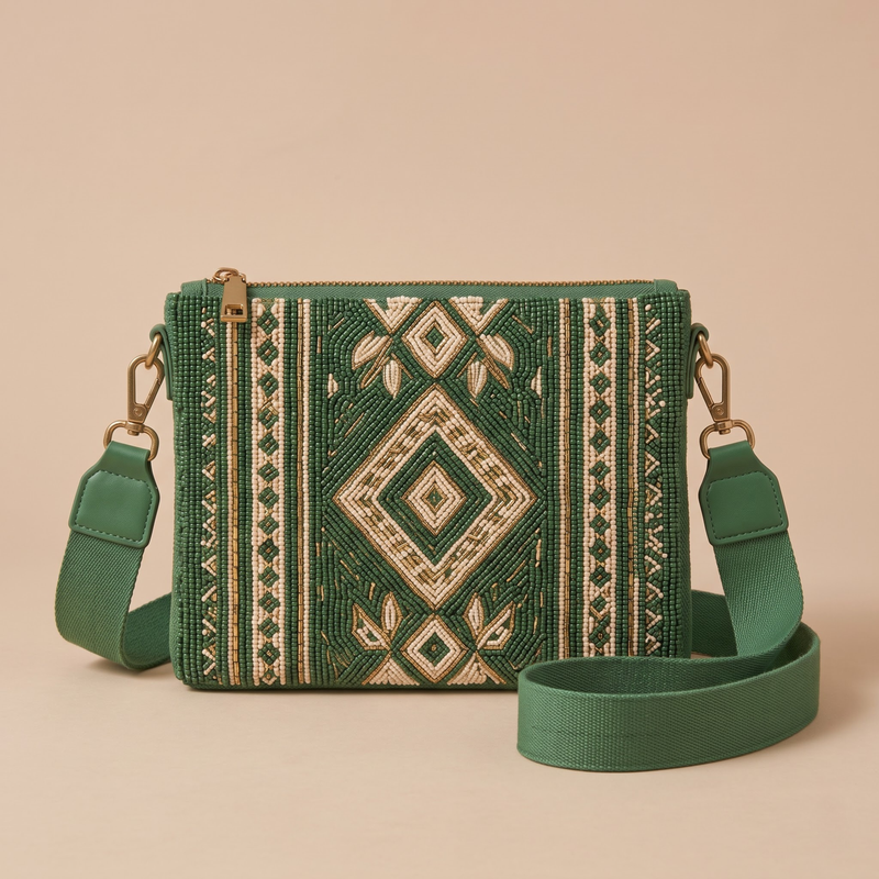 Green geometric hand-beaded crossbody bag front view