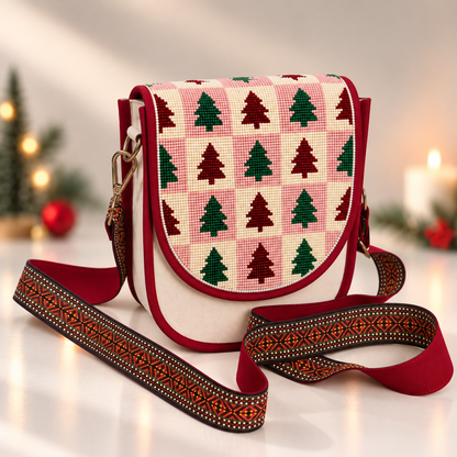 Pink Checkerboard Pine Tree Hand Beaded Canvas Crossbody Bag – Cream
