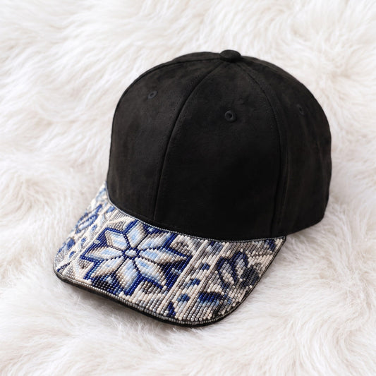 Blue Floral Beaded Baseball Cap
