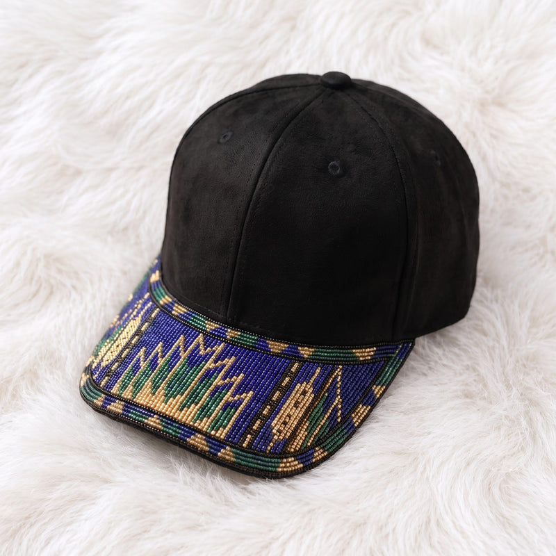 Navy Suede Flame Beaded Baseball Cap