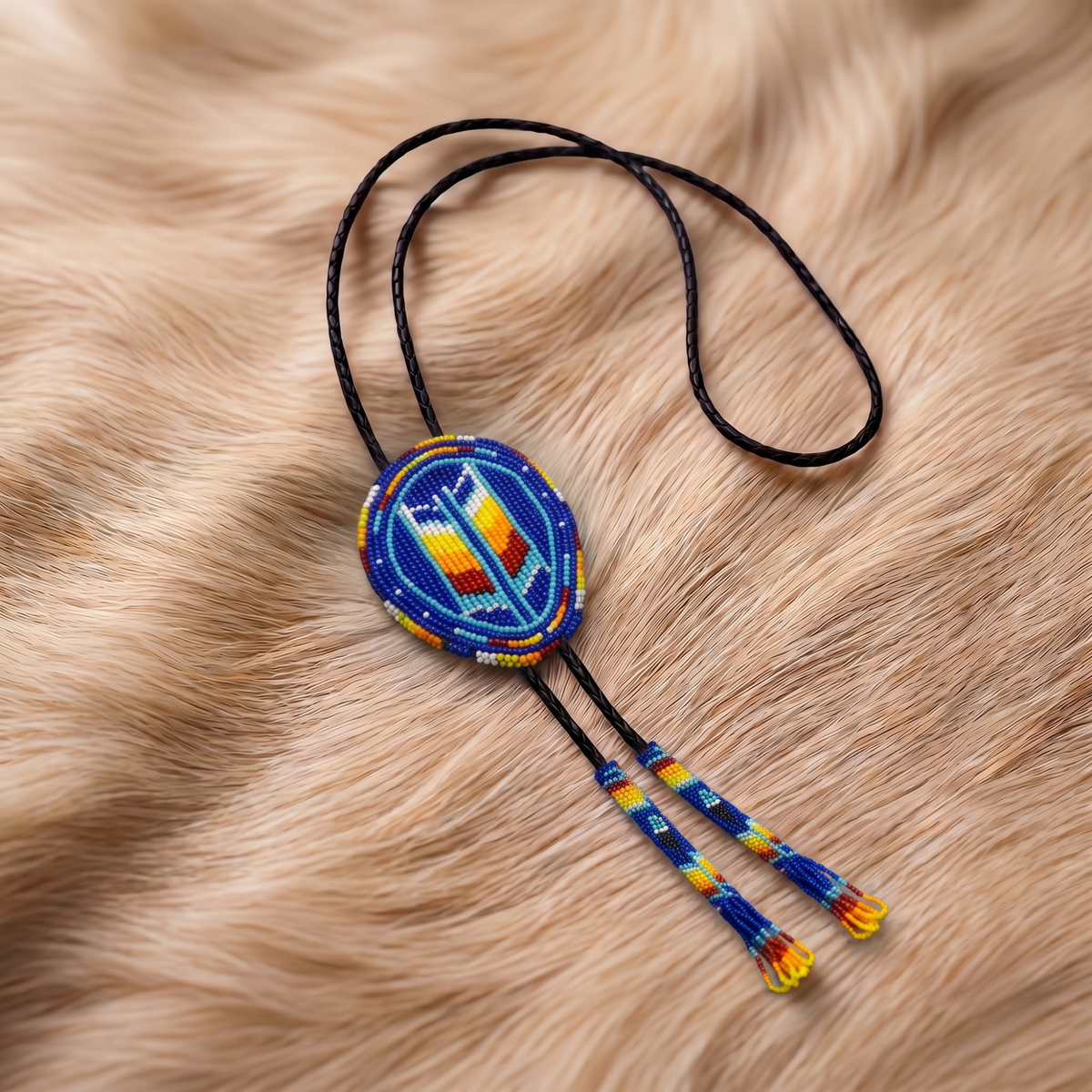 Blue Oval Arrow Beaded Bolo Tie for Men
