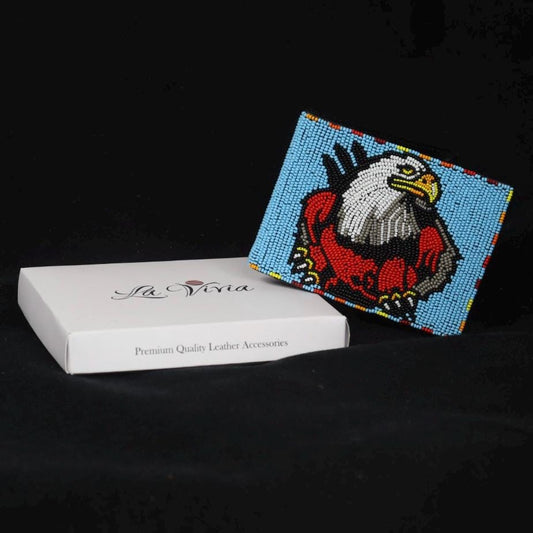 Hand-beaded wallet with a spread wing eagle in deep red and grey on a sky blue ground with a dashed border