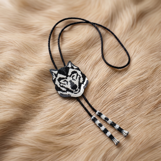 Black and White Wolf Beaded Bolo Tie