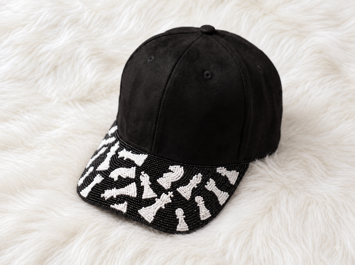 Chess-inspired hand-beaded adjustable baseball cap by Weskara – style 4