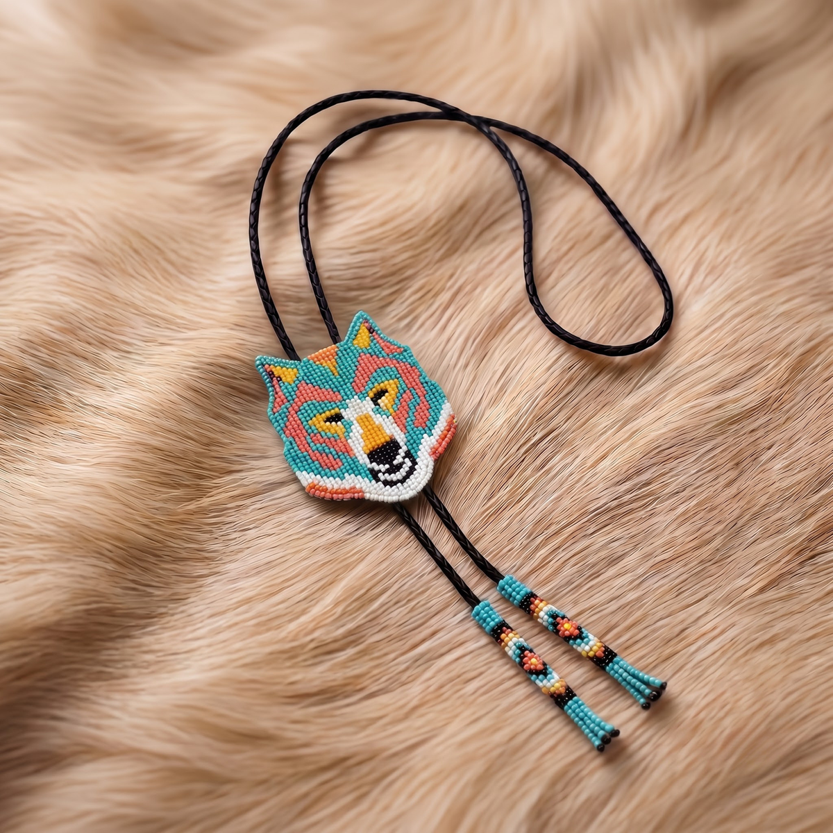 Heritage beaded bolo tie for men with braided leather cord