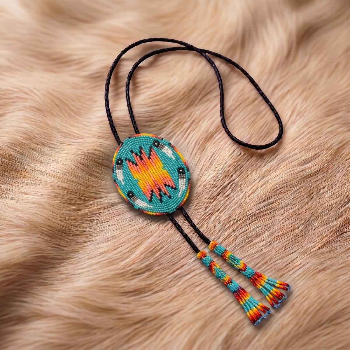 Frontier beaded bolo tie for men with braided leather cord