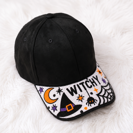 Halloween beaded baseball cap with Witchy moon witch hat spider and web design