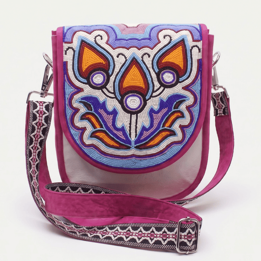 Ornate Tulip Hand Beaded Canvas Crossbody Bag – White & Pink