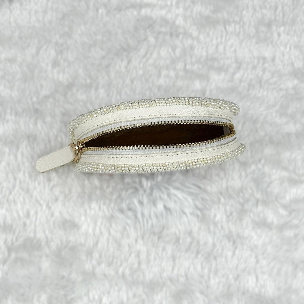 Handmade Coin Purse. White Beaded Hand Pouch For Essentials.
