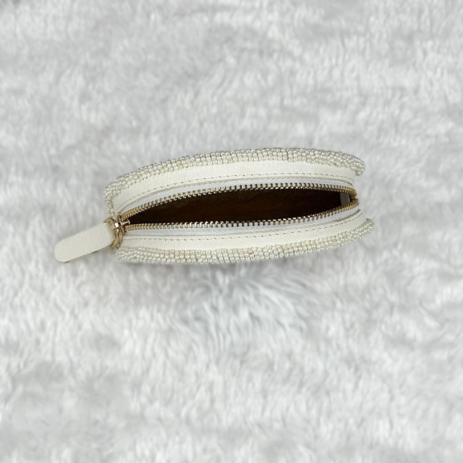 Handmade Coin Purse. White Beaded Hand Pouch For Essentials.
