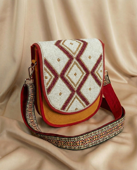 Maroon Diamond Lattice Beaded Canvas Crossbody Bag