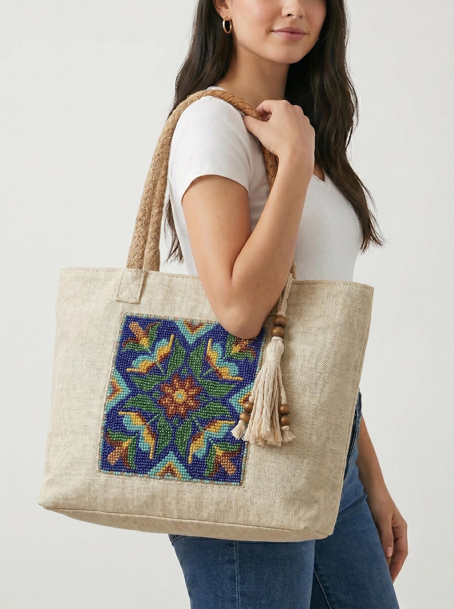 Handmade Floral Canvas Tote Bag. Beaded Large Artisan Handbag For Women