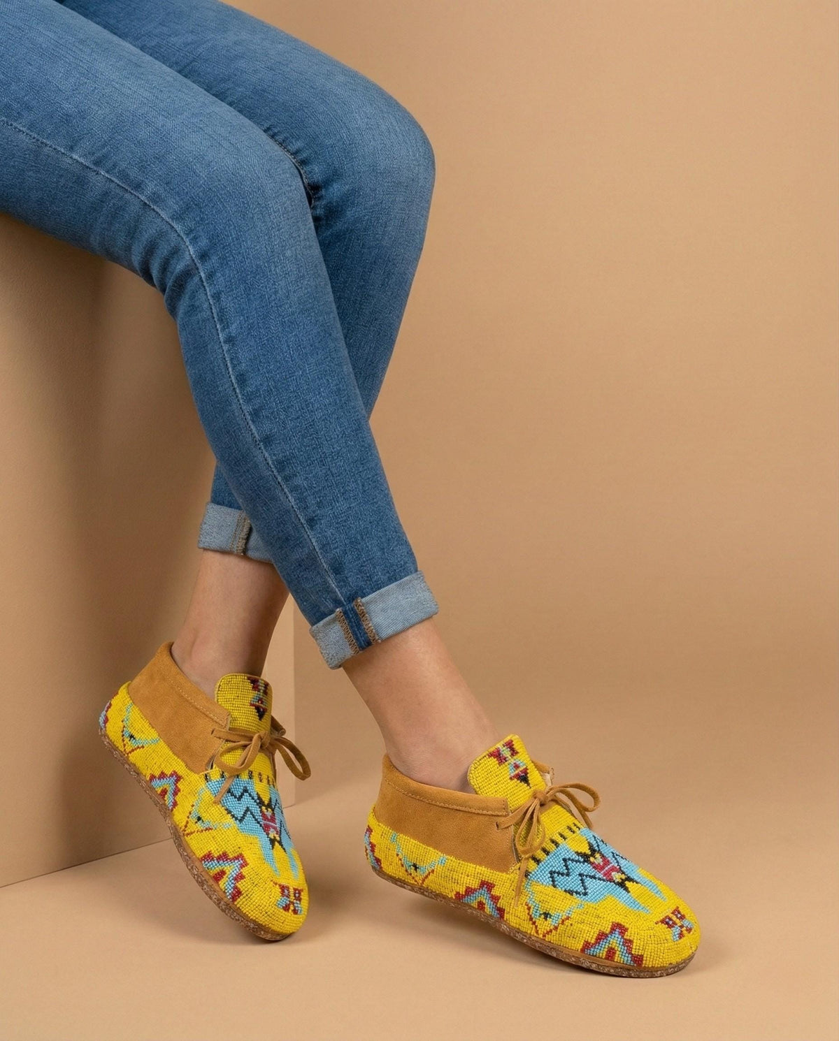 Turquoise and White Geometric Beaded Suede Lace-Up Moccasins for Women