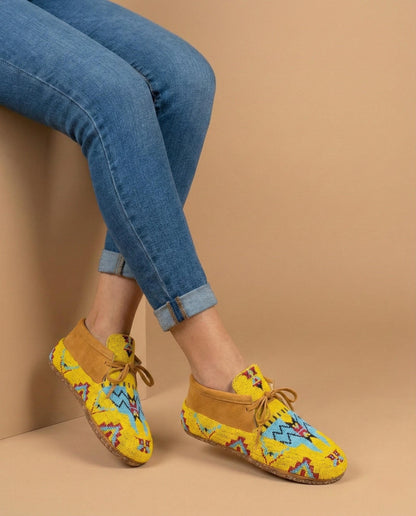 Turquoise and White Geometric Beaded Suede Lace-Up Moccasins for Women