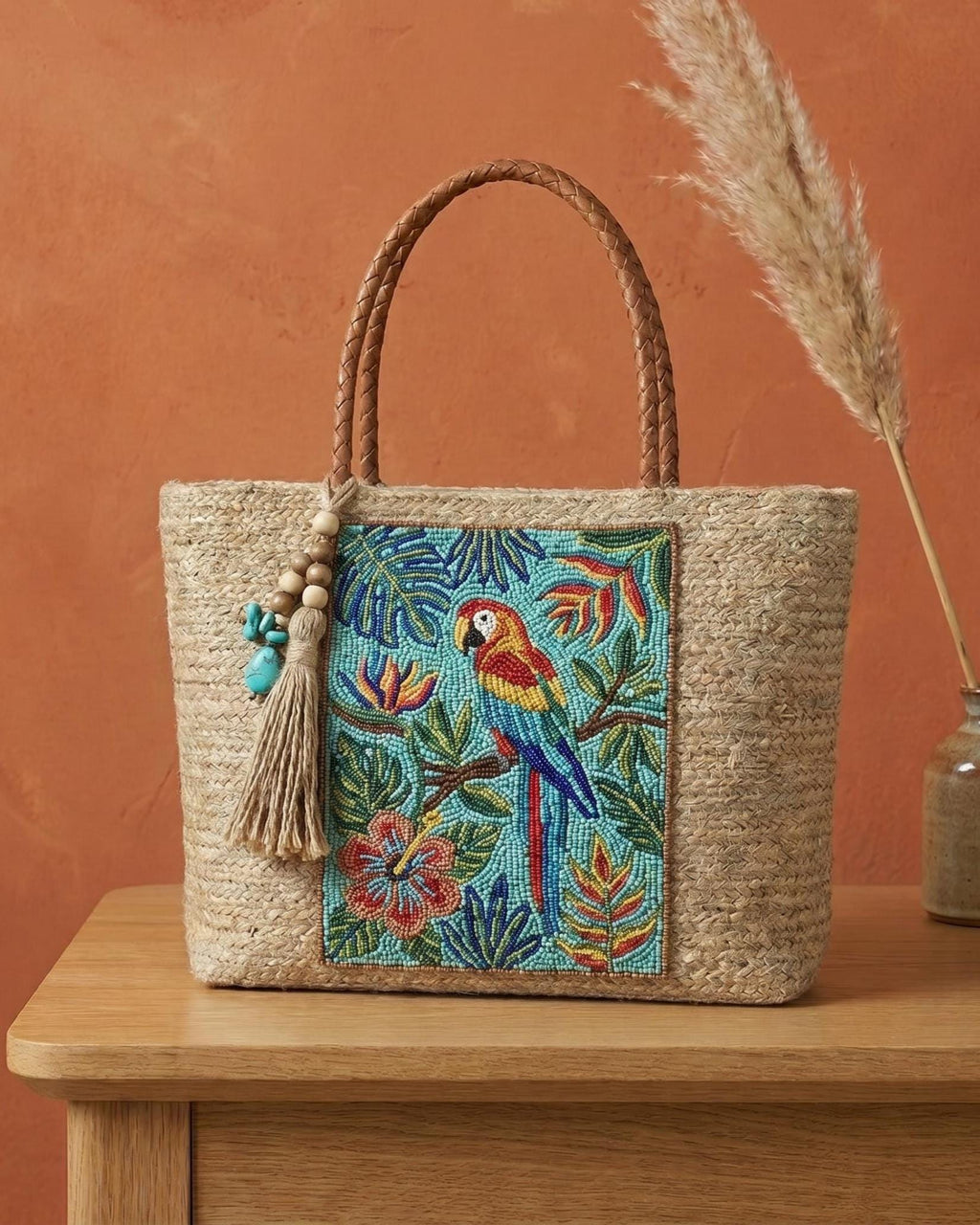 Handmade Parrot Jute Tote Bag. Beaded Large Artisan Stylish Fashion Handbag For Women